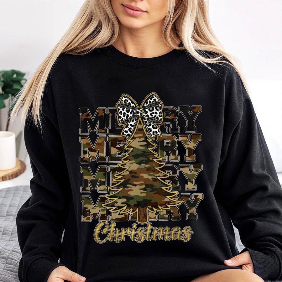 Camo Christmas Tree Sweatshirt | Leopard Bow Holiday Graphic | Soft Cotton Blend | Rustic Country Gift For Her