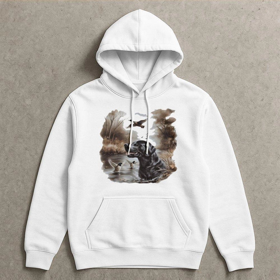 Black Labrador Duck Hunting Hoodie | Vintage Wildlife Art Graphic | Premium Cotton Blend | Gift for Dog Lovers and Outdoorsmen