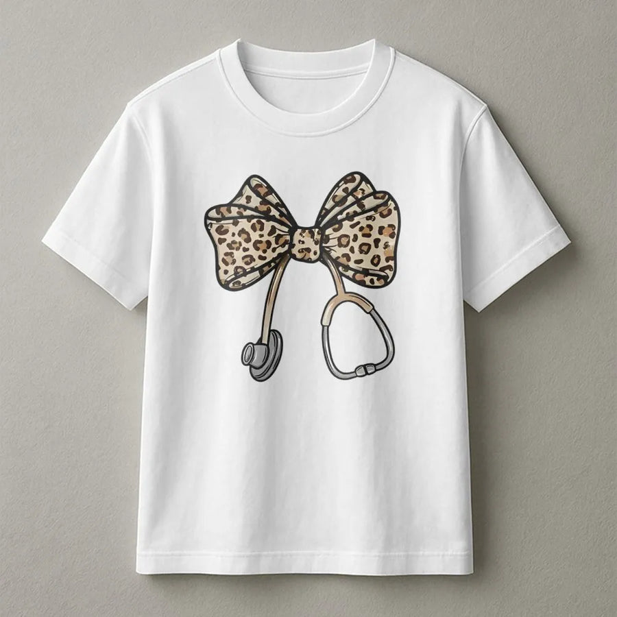 Nurse T-Shirt | Leopard Print Bow Stethoscope Graphic | Premium Soft Cotton | Gift for RN CNA Nursing Student Medical Worker