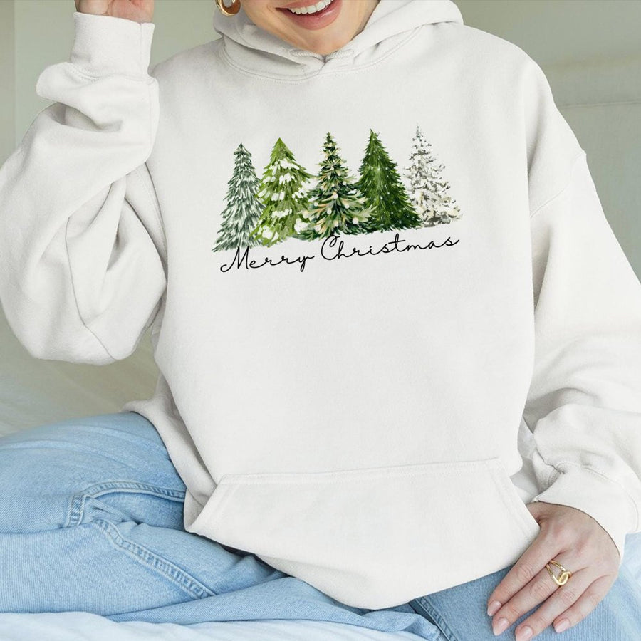 Merry Christmas Tree Hoodie | Watercolor Festive Holiday Graphic | Premium Cotton Blend Pullover | Cozy Xmas Gift For Women & Men