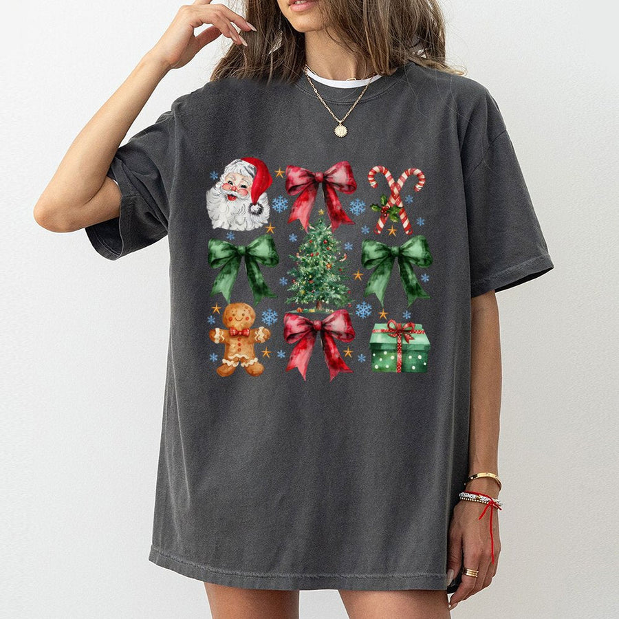 Coquette Christmas T-Shirt | Santa Claus and Holiday Bow Graphic | Premium Soft Cotton | Festive Holiday Gift for Women and Girls