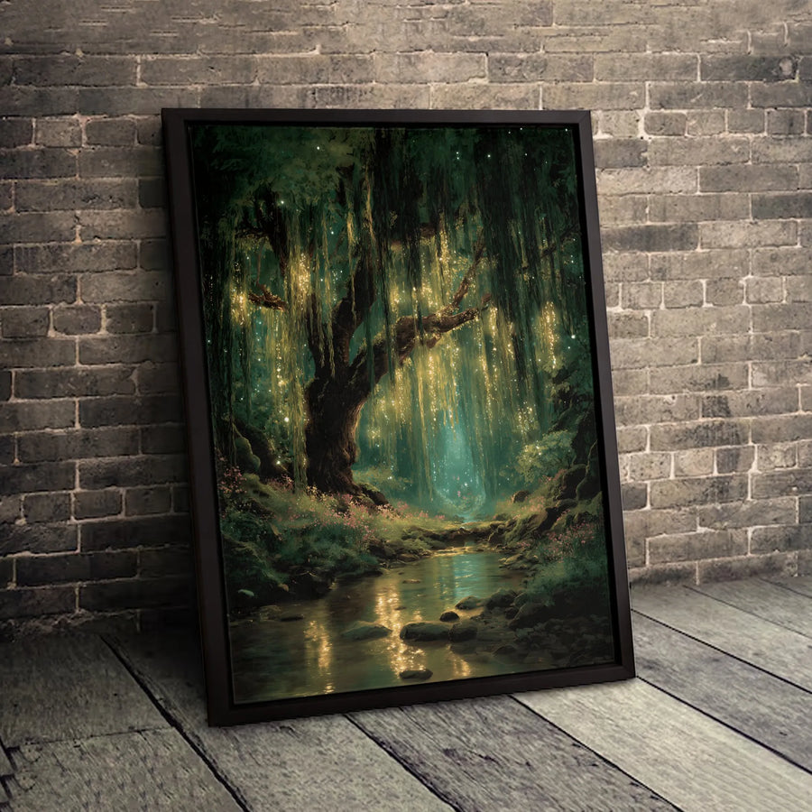 Enchanted Forest Canvas Wall Art | Glowing Willow Tree Over Stream | Premium Gallery Wrap Print | Whimsical Nature Home Decor Gift