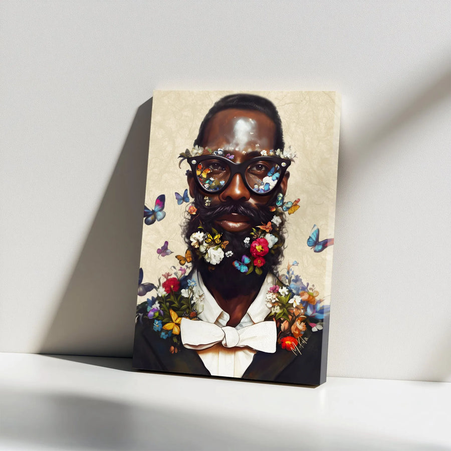 Black Man Butterfly Canvas Print | Surreal Floral Beard Portrait | Premium Gallery Wrapped Wall Art | Modern Afrocentric Home Decor Gift