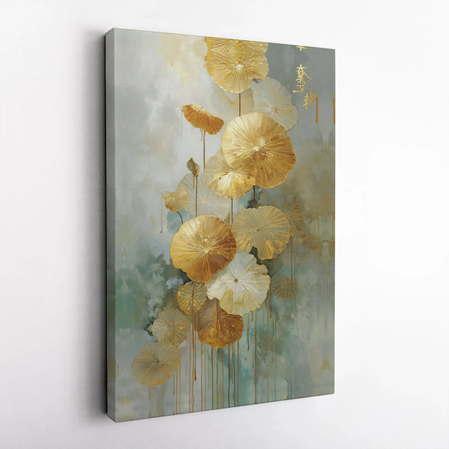 Golden Lotus Leaf Canvas Print | Abstract Teal and Gold Wall Art with Asian Kanji Script | Premium Gallery Wrapped Canvas | Modern Zen Home Decor Gift
