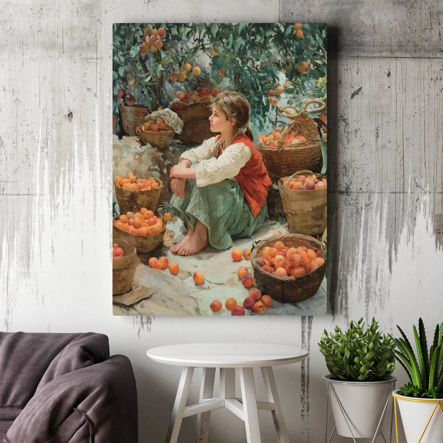 Peach Harvest Canvas Print | Vintage Farm Girl Painting Reproduction | Premium Gallery Wrapped Canvas | Rustic Farmhouse Decor Gift