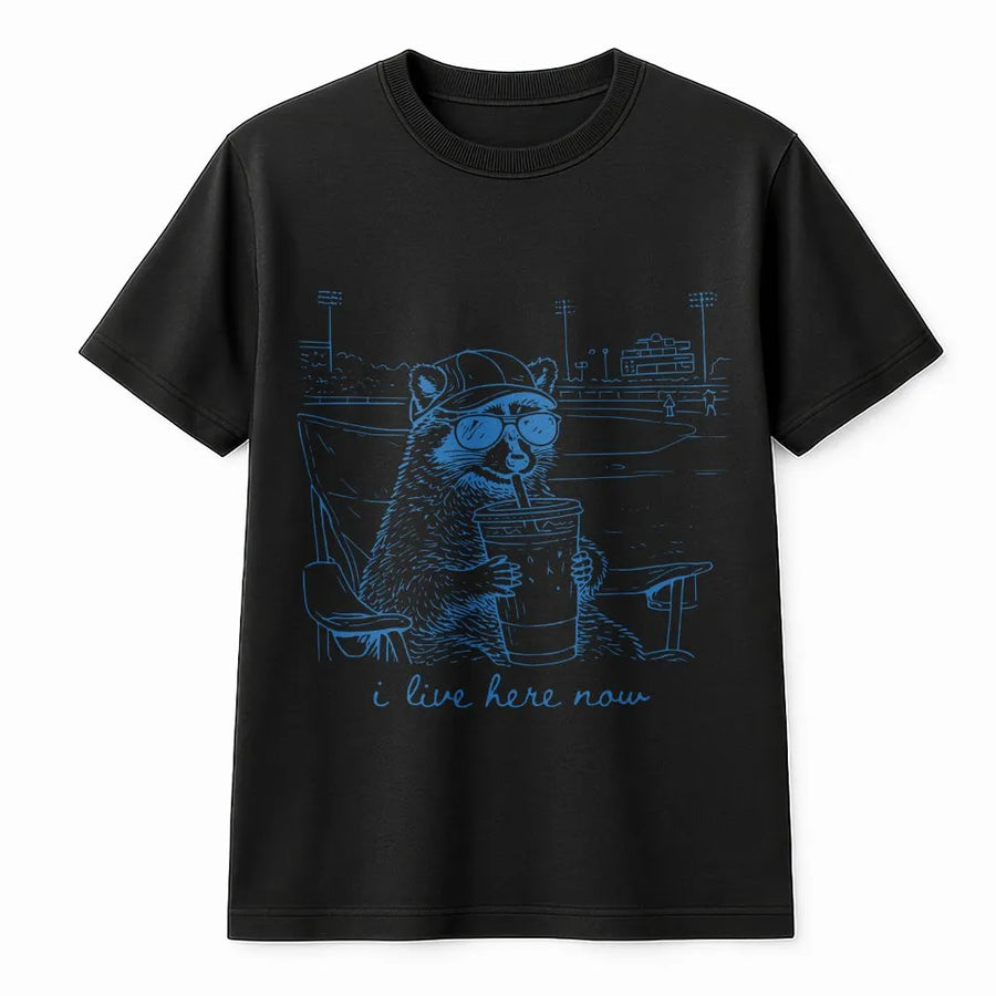 Funny Raccoon Baseball T-Shirt | 'I Live Here Now' Graphic Sweatshirt | Premium Soft Blend | Humorous Gift for Sports Moms and Parents