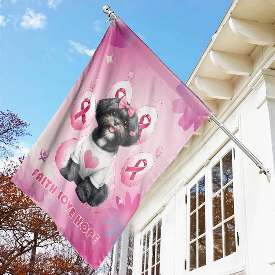 Breast Cancer Awareness Garden Flag | Cute Dog Faith Love Hope Design | Premium Fade-Resistant Polyester | Support Survivor Garden Decor Gift