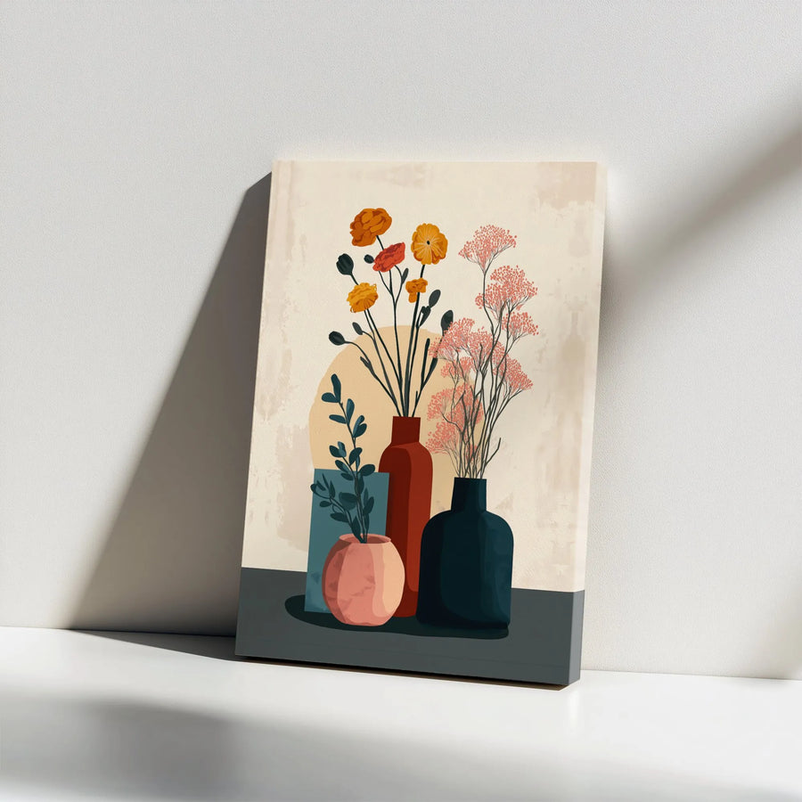 Boho Floral Canvas Wall Art | Mid Century Modern Still Life Vases | Premium Gallery Wrapped Decor | Aesthetic Home Office Gift