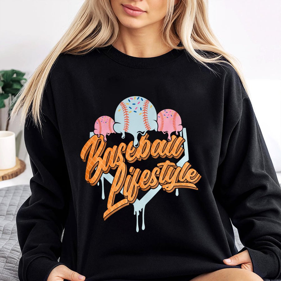 Baseball Lifestyle Ice Cream Sweatshirt | Retro Sports Graphic Pullover | Premium Cotton Blend | Gift for Baseball Mom and Player