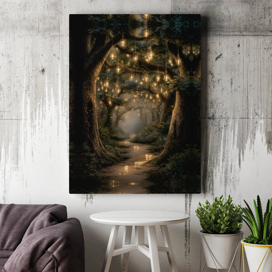 Enchanted Forest Canvas Wall Art | Fairy Tale Path With Hanging Lanterns | Premium Gallery Wrapped Print | Whimsical Nature Home Decor Gift