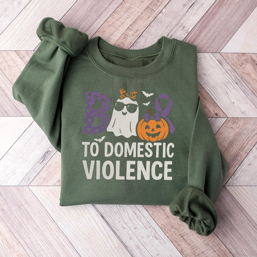 Boo To Domestic Violence Sweatshirt | Halloween Awareness Gift | Premium Cotton Blend | Unisex Purple Ribbon Fall Apparel