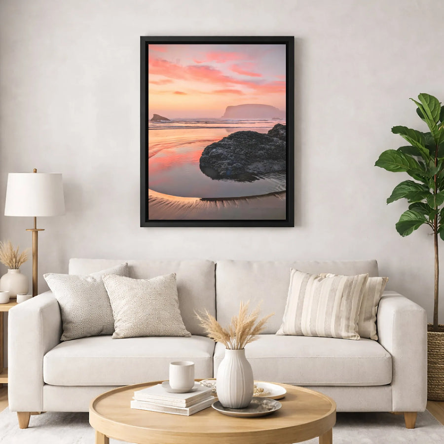 Coastal Sunset Beach Wall Art | Pink Sky Seascape Canvas Print | Premium Gallery Wrapped 1.25" Profile | Modern Living Room Home Decor