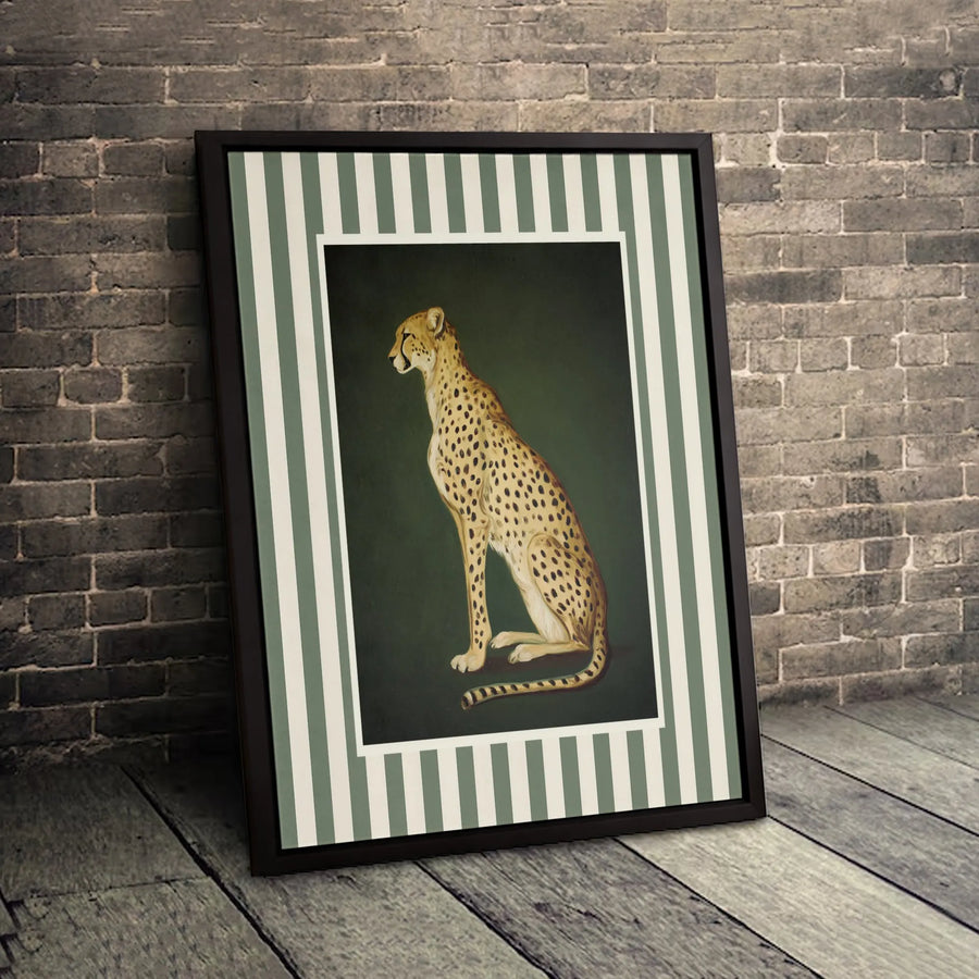 Vintage Cheetah Wall Art | Seated Leopard Animal Portrait with Green Stripes | Premium Gallery Wrapped Canvas | Elegant Safari Home Decor
