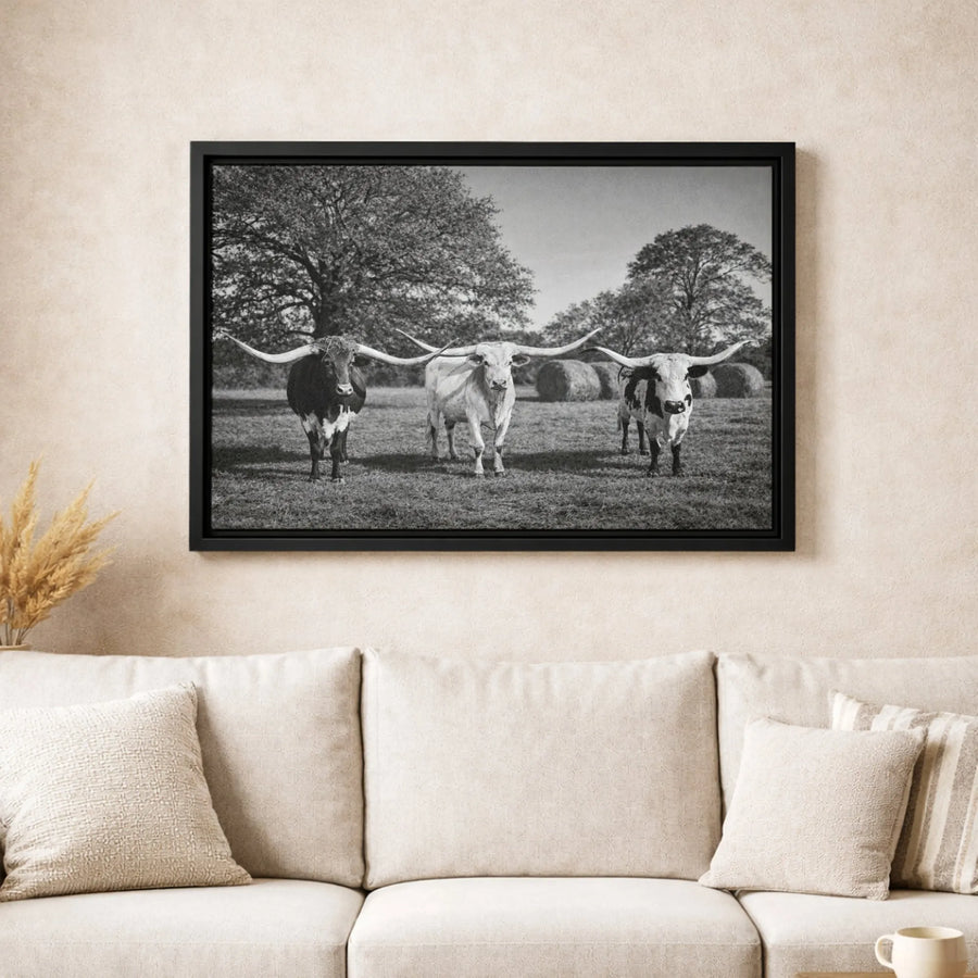 Texas Longhorn Wall Art | Black and White Cattle Farmhouse Canvas | Premium Gallery Wrapped Print | Modern Western Home Decor Gift