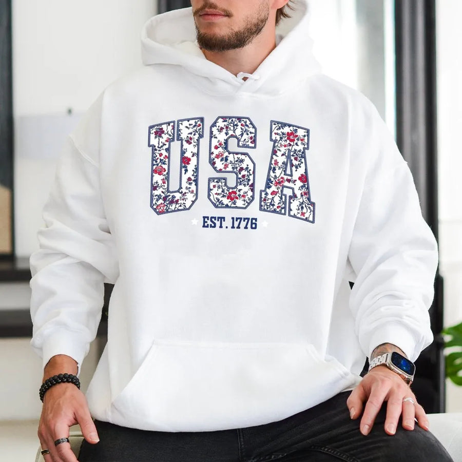 Patriotic USA Hoodie | Floral Est. 1776 Graphic Sweatshirt | Premium Cotton Blend | 4th of July Gift for Women