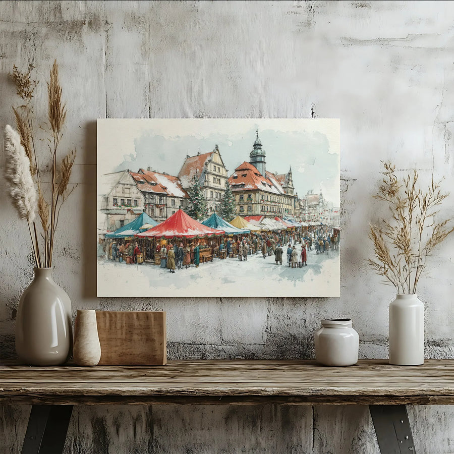 Christmas Market Canvas Wall Art | Watercolor Snowy Town Square Print | Premium Gallery Wrap Decor | Holiday Seasonal Gift for Home