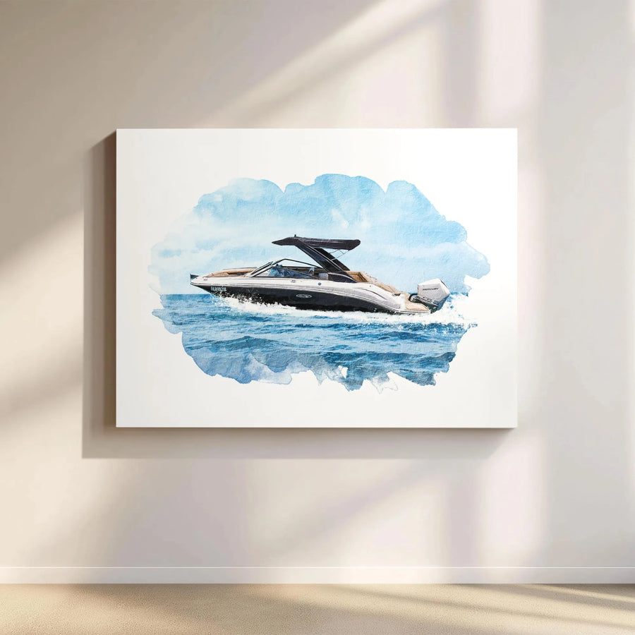 Powerboat Wall Art Canvas | Watercolor Motorboat Painting | Premium Gallery Wrapped Decor | Nautical Gift For Boating Enthusiasts