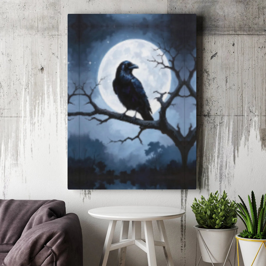 Gothic Raven Canvas Wall Art | Full Moon Silhouette Design | Premium Gallery Wrap Stretched Print | Dark Academia Home Decor Gift