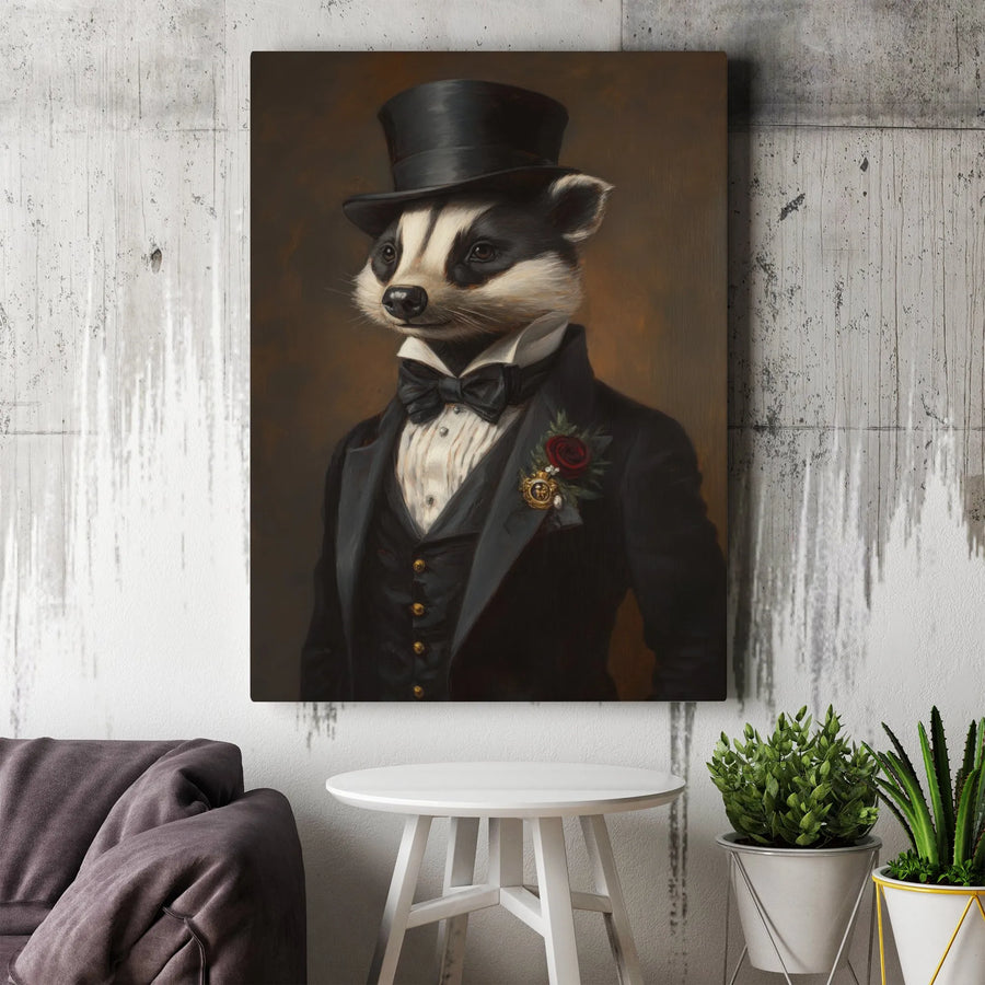 Dapper Badger Portrait Canvas | Victorian Gentleman Animal Wall Art | Premium Gallery Wrap Decor | Unique Gift for Wildlife Lovers