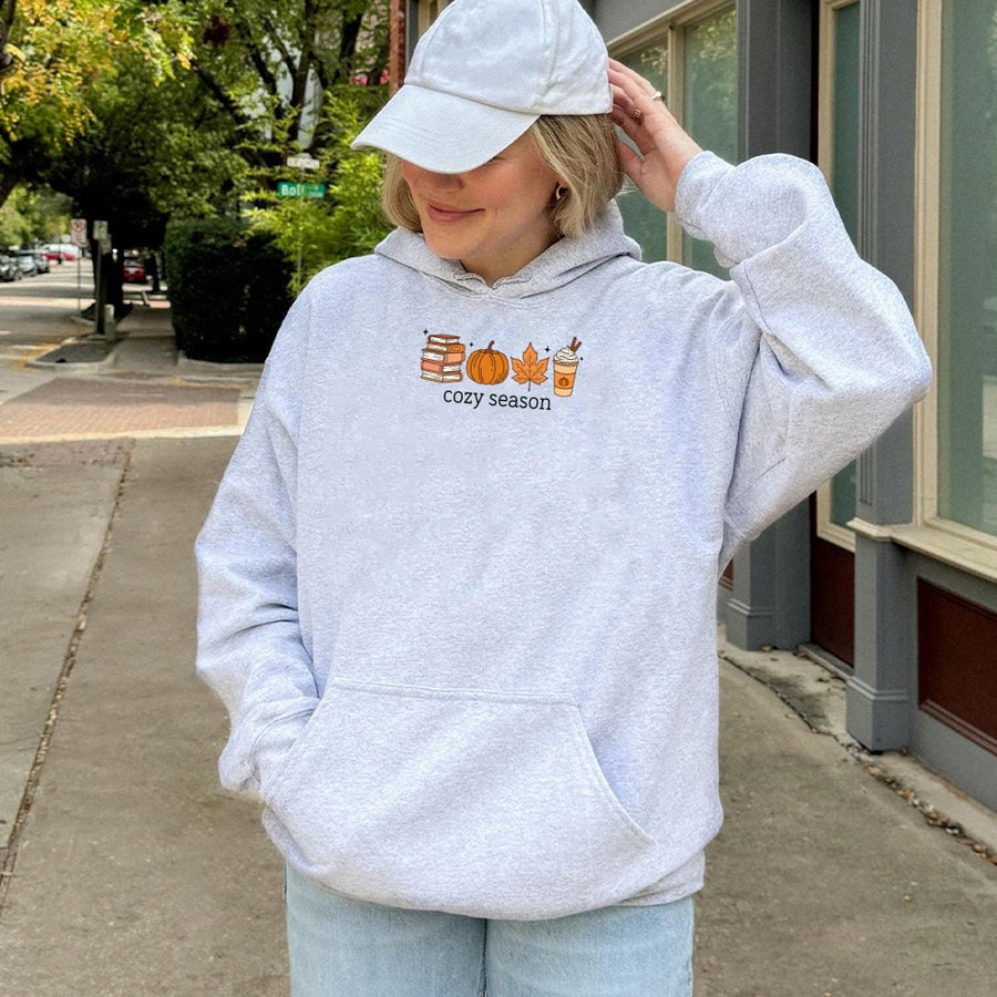 Cozy Season Hoodie | Fall Books and Pumpkin Spice Design | Premium Cotton Blend | Autumn Aesthetic Gift for Book Lovers and Teachers
