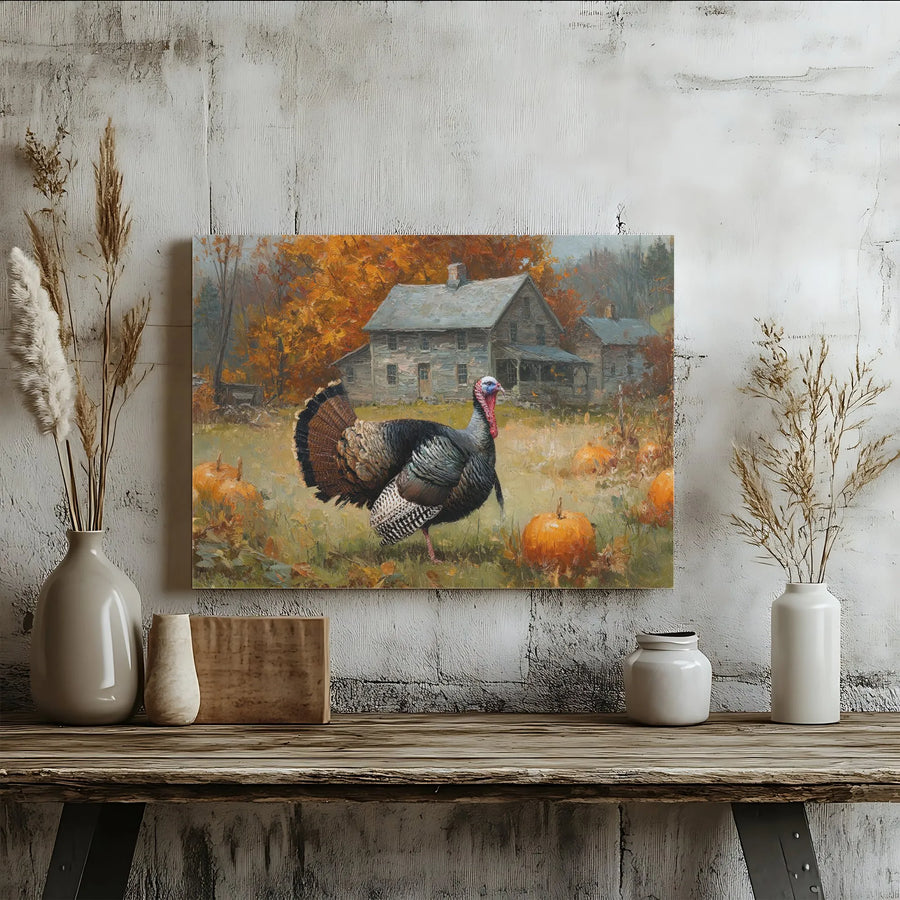 Thanksgiving Farmhouse Canvas Wall Art | Rustic Turkey and Pumpkin Oil Painting | Premium Gallery-Wrapped Print | Fall Home Decor Gift