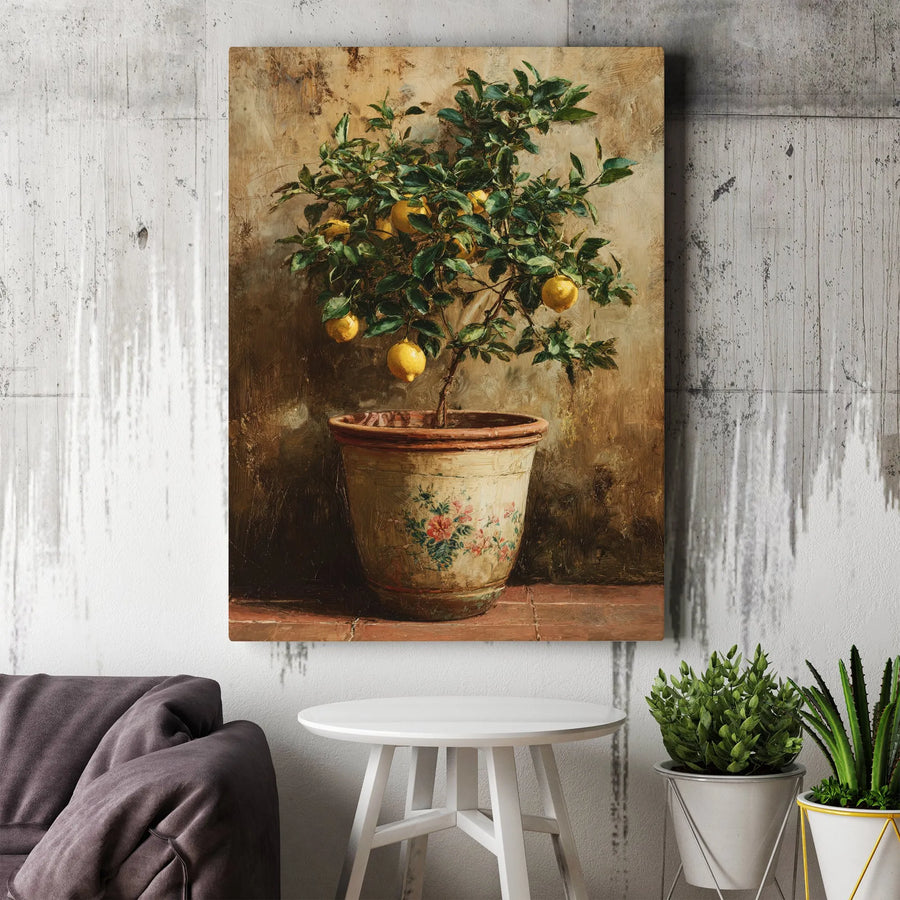 Lemon Tree Wall Art | Tuscan Kitchen Oil Painting Style | Premium Gallery Wrapped Canvas | Mediterranean Home Decor Gift