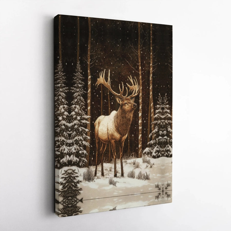 Majestic Elk Wall Art | Snowy Winter Forest Landscape | Premium Gallery Canvas | Nature Lover Home Decor Gift