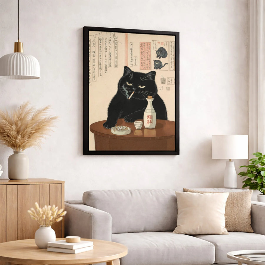 Japanese Black Cat Art Canvas | Smoking Cat Ukiyo-E Wall Decor | Premium Gallery Wrap Print | Unique Gift for Cat Lovers & Otaku