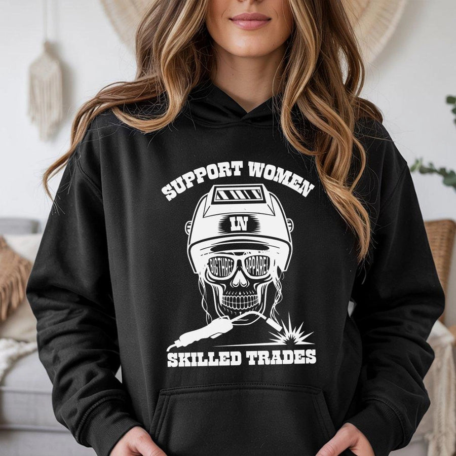 Support Women In Skilled Trades Hoodie | Welder Skull Graphic Print | Premium Cotton-Blend | Empowerment Gift for Female Welder Tradeswoman
