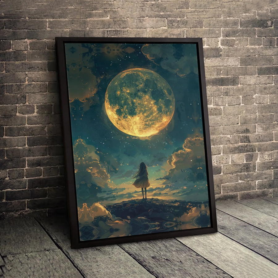 Girl Looking At Golden Moon Canvas Wall Art | Whimsical Starry Night Celestial Print | Gallery Quality Fade-Resistant | Dreamy Home Decor Gift