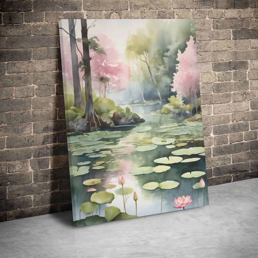 Watercolor Lily Pond Canvas Print | Serene Forest Lotus Wall Art | Premium Gallery-Wrap Decor | Calming Nature Gift for Home and Office
