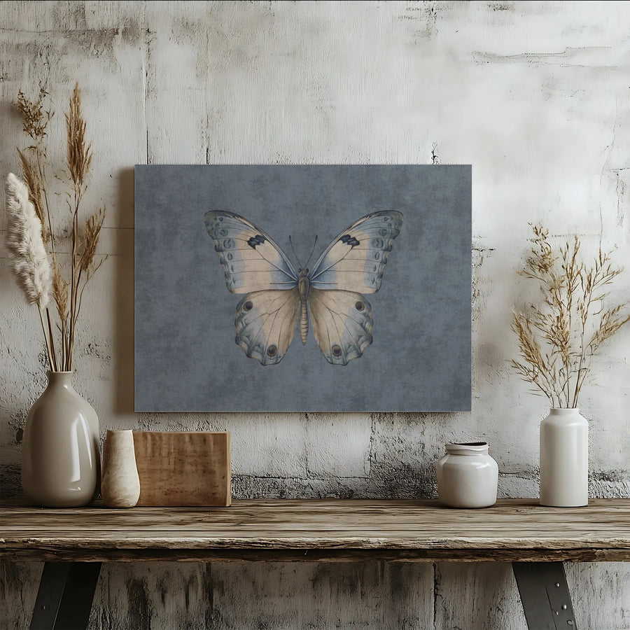 Vintage Butterfly Canvas Art | Botanical Blue and Beige Illustration | Gallery-Quality Framed Wall Decor | Gift for Nature Lovers