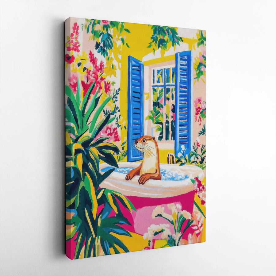 Otter In Bathtub Canvas Wall Art | Colorful Floral Garden Bathroom Decor | 1.25 Inch Gallery Wrap Print | Whimsical Animal Lover Gift
