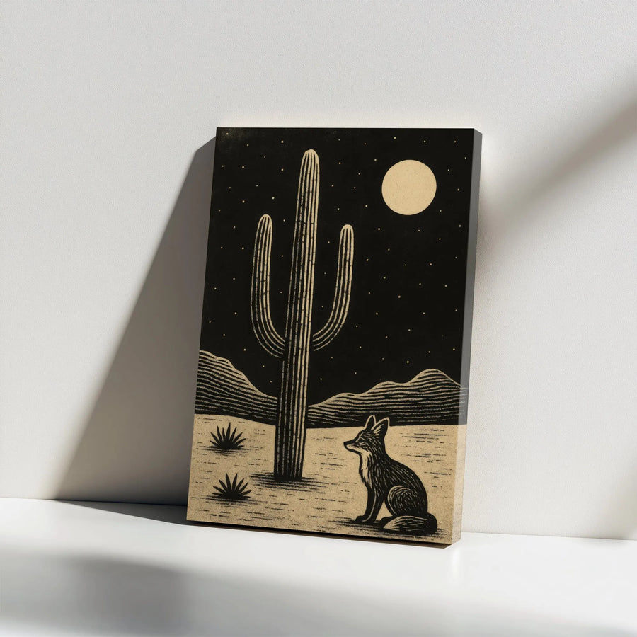 Saguaro Cactus Night Vertical Canvas | Minimalist Fox and Moon Block Print Art | Premium 1.25" Thick Gallery Wrap | Southwestern Desert Decor Gift