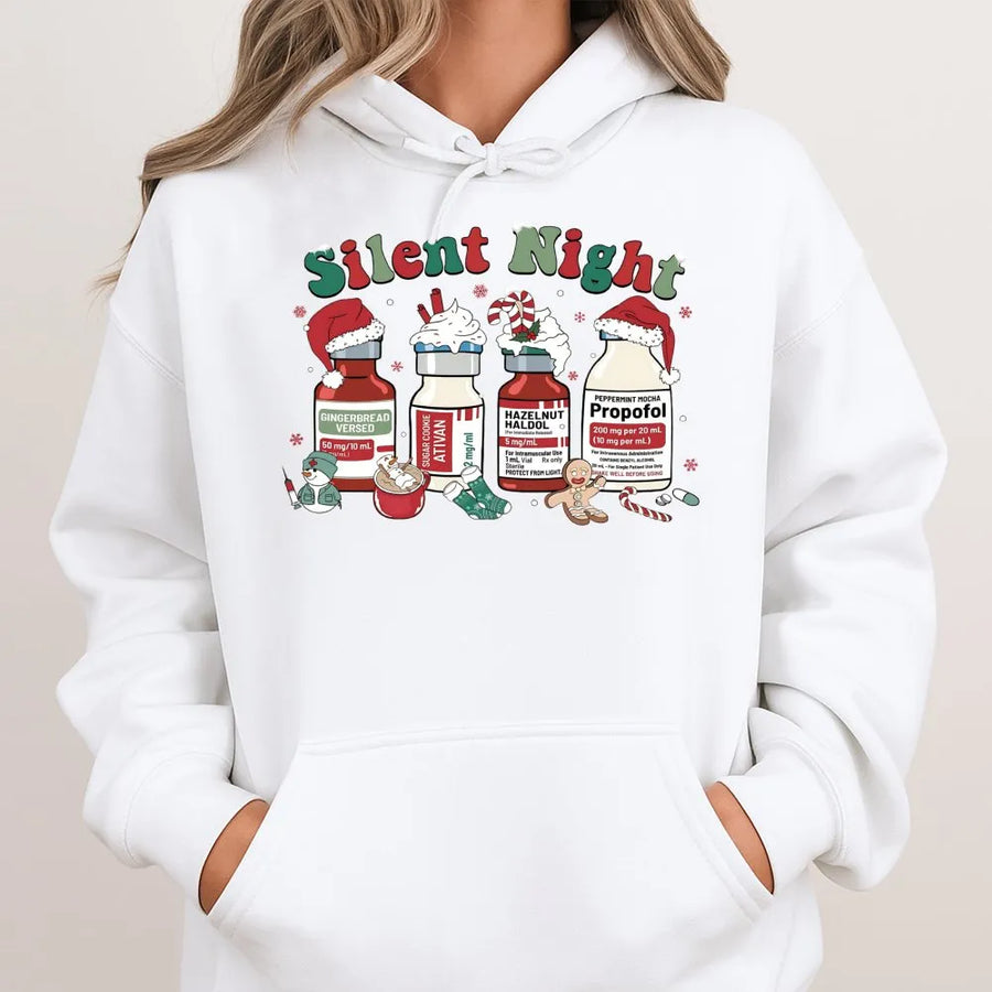 Silent Night Nurse Hoodie | Funny Medical Christmas Sweatshirt | Premium Cotton Blend | Holiday Gift For ICU Nurse Or Healthcare Worker