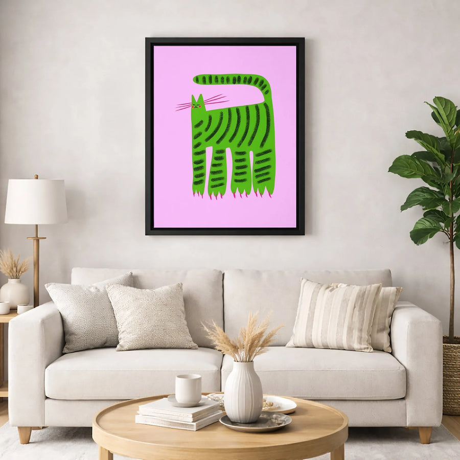 Abstract Green Striped Cat Canvas Art | Whimsical Modern Animal Wall Decor | Premium Fade-Resistant Print | Quirky Gift for Cat Lovers