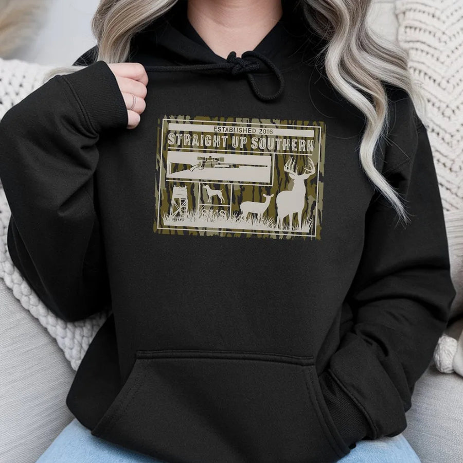 Deer Hunting Hoodie | Straight Up Southern Camo Graphic | Soft Cotton Blend | Outdoorsman Gift for Hunter