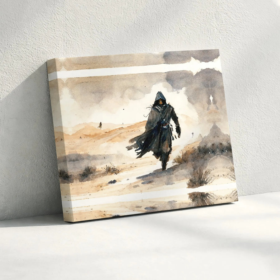 Desert Wanderer Wall Art | Mysterious Hooded Figure Watercolor Canvas Print | Premium Gallery-Wrapped Decor | Fantasy Landscape Gift for Him
