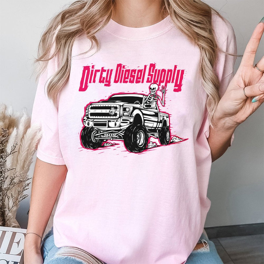 Dirty Diesel Supply Graphic T-Shirt | Skeleton Driving Lifted Truck Print | Premium 100% Cotton | Gift for Diesel Truck Lovers & Gearheads