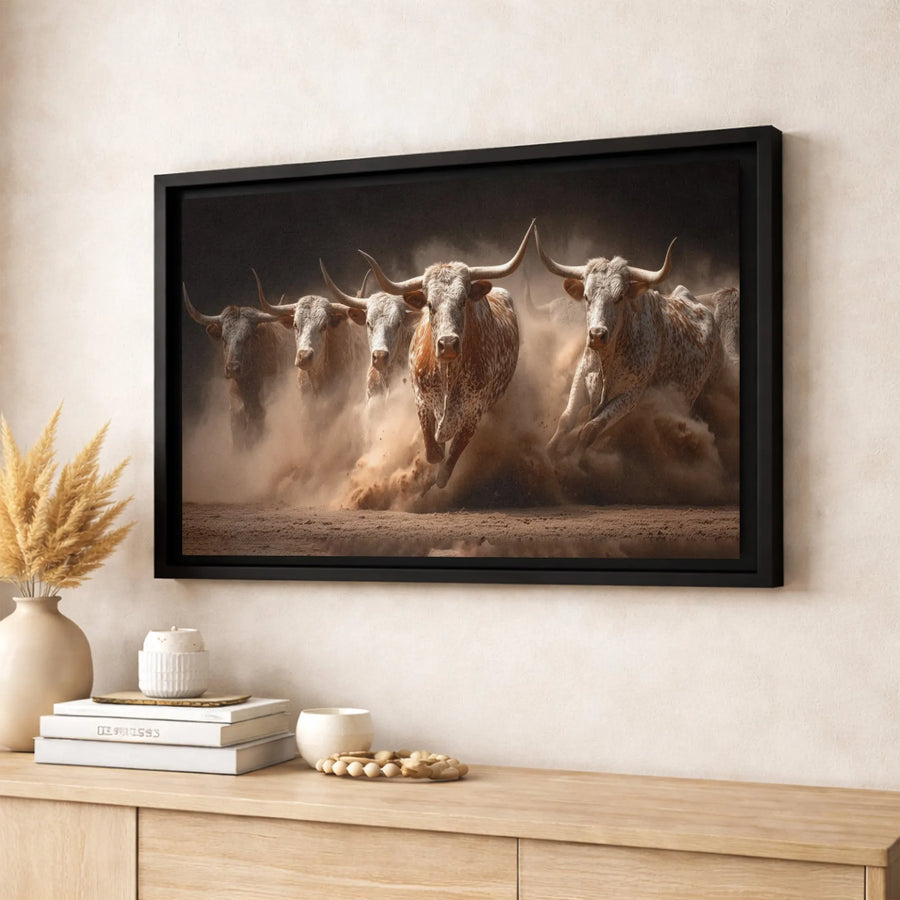 Texas Longhorn Stampede Canvas Art | Western Bull Herd Dust Wall Decor | Premium Gallery Wrap Print | Rustic Farmhouse Home Office Gift