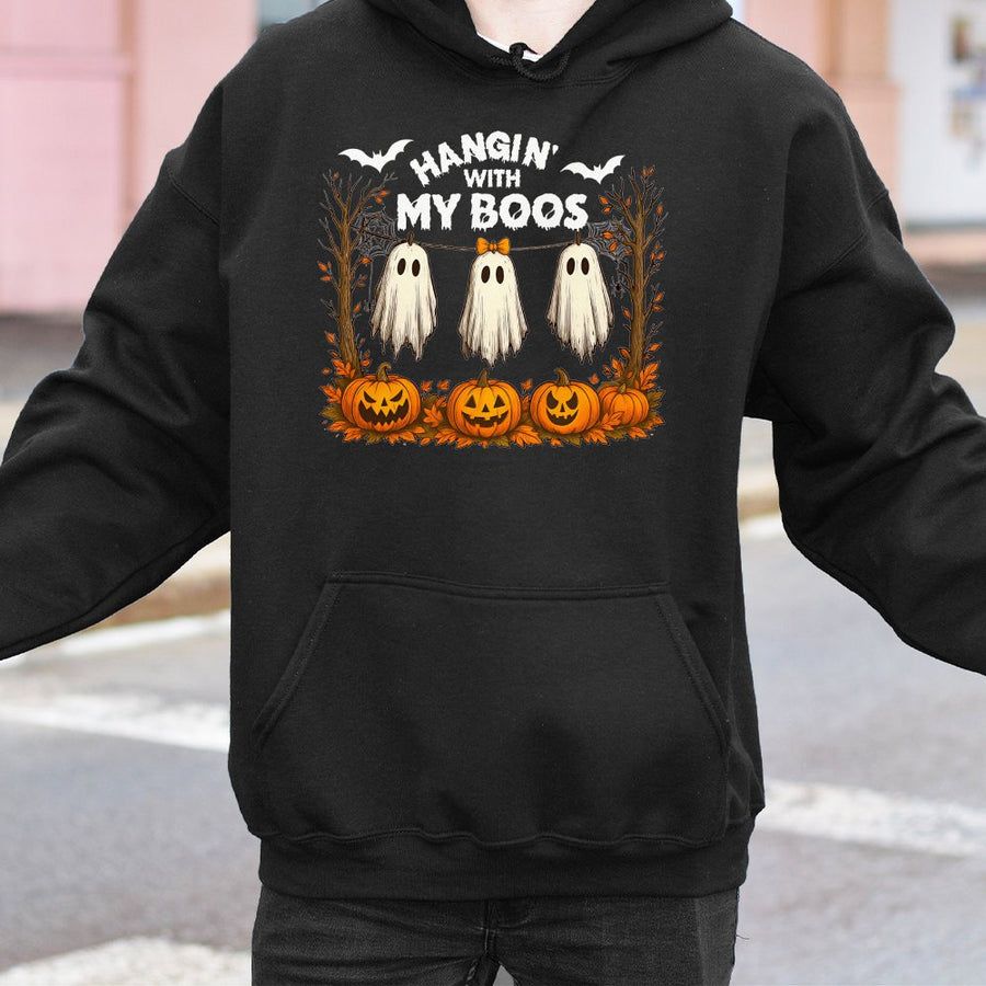 Hangin With My Boos Hoodie | Cute Ghost and Pumpkin Graphic | Premium Cotton-Blend | Funny Halloween Sweatshirt for Women and Men