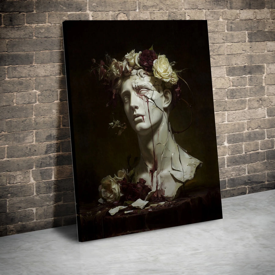 Dark Academia Statue Canvas Art | Bleeding Greek Bust with Rose Crown | Premium Fade-Resistant Print | Gothic Home Decor Wall Statement