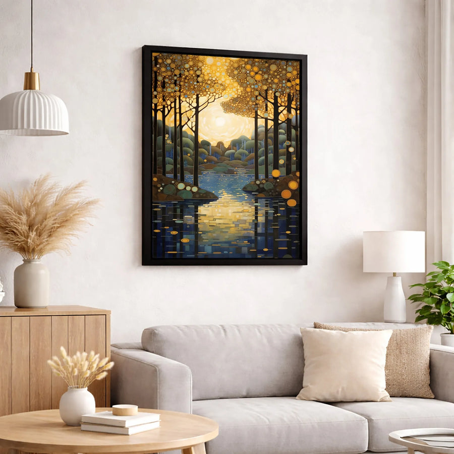 Abstract Forest Canvas Art | Gold Sunrise River Reflection | Premium Gallery Wrapped Decor | Modern Nature Landscape Wall Print