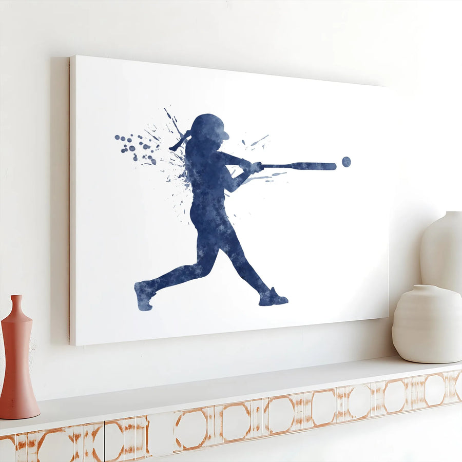 Softball Player Canvas Wall Art | Watercolor Silhouette Art | Premium Gallery Canvas | Gift for Girls Bedroom Decor