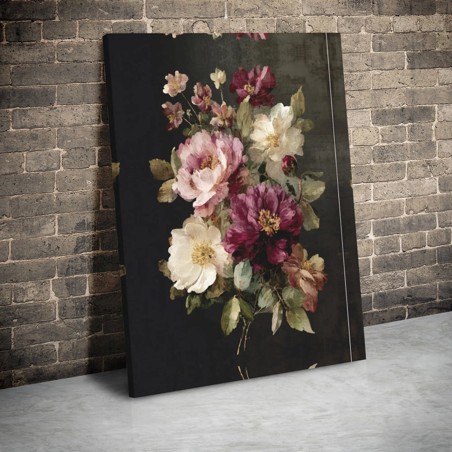 Moody Floral Wall Art Canvas | Vintage Peony Bouquet Painting | Premium Gallery Wrapped Decor | Sophisticated Home Office Aesthetic Gift