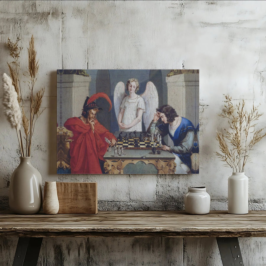 The Chess Players Canvas Wall Art | Moritz Retzsch Devil Playing Chess Print | Premium Gallery Wrap Decor | Gothic Intellectual Home Gift
