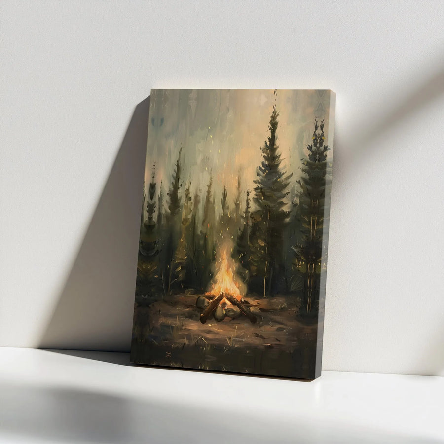 Campfire Pine Forest Canvas Wall Art | Moody Wilderness Landscape Print | Premium Gallery Wrap Decor | Nature Lover Cabin Gift
