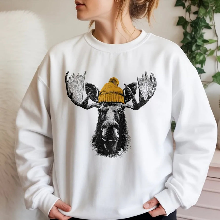 Moose Sweatshirt with Beanie | Cute Wildlife Graphic Illustration | Premium Soft Cotton Blend | Winter Nature Gift for Him Her