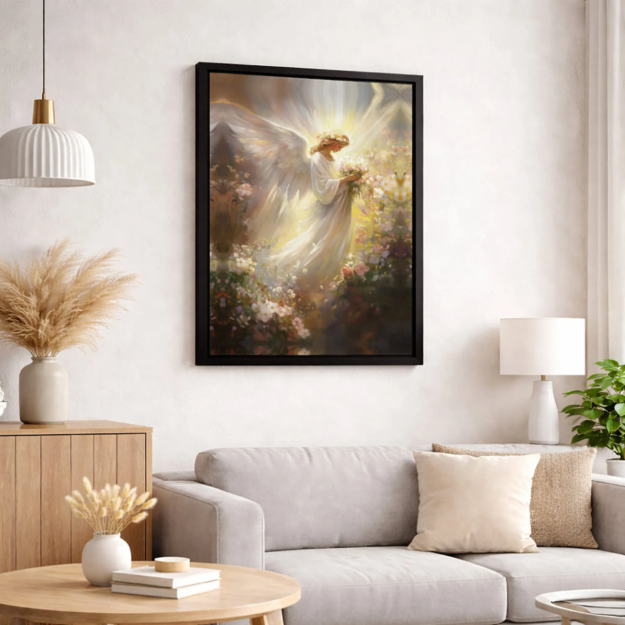 Ethereal Angel Canvas Wall Art | Floral Garden Guardian Portrait | Gallery-Quality 1.25 Inch Thick Profile | Premium Religious Home Decor Gift