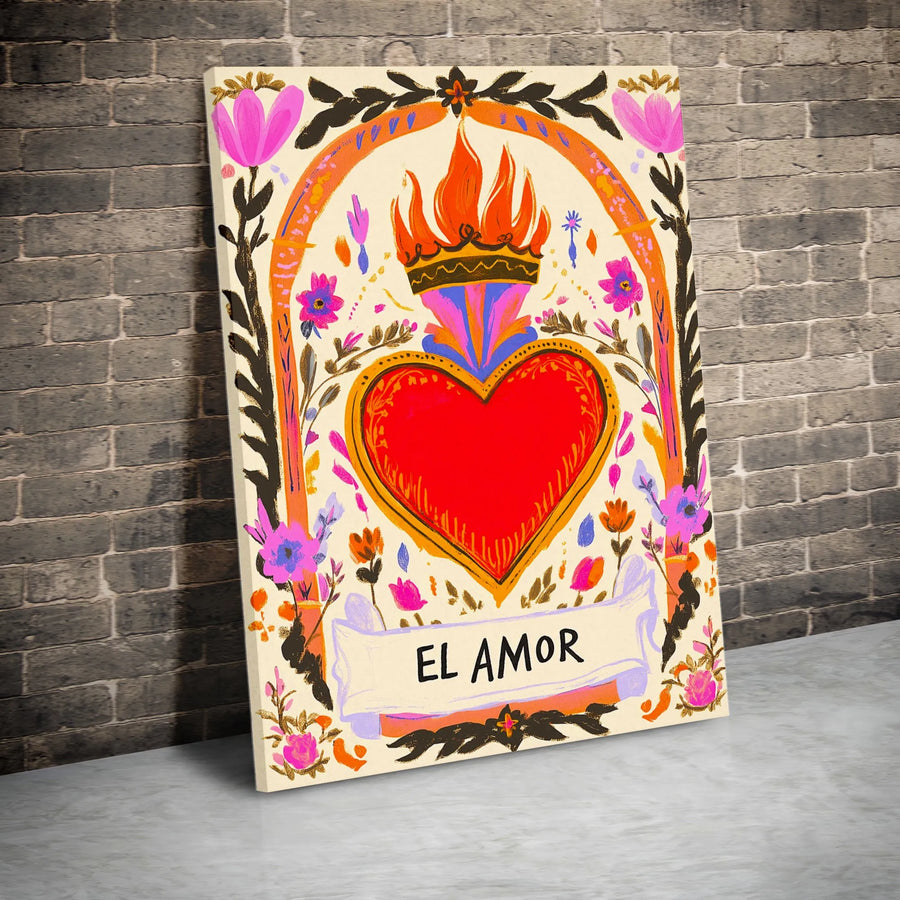 El Amor Sacred Heart Canvas Art | Vibrant Mexican Folk Art Design | Premium Gallery Quality Print | Colorful Boho Wall Decor Gift for Her